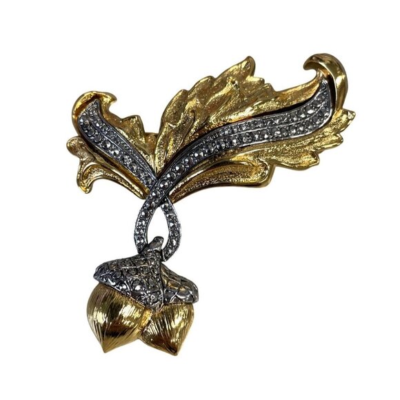 Vintage Avon Gold & Silver Leaf Acorn Brooch With Rhinestones - Picture 2 of 6
